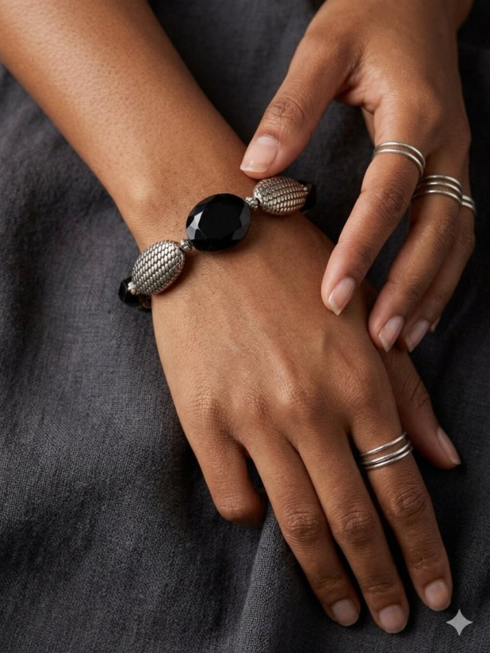 Designs by Forte Handcrafted "Midnight Serpent" Stretch Bracelet – Black & Silve